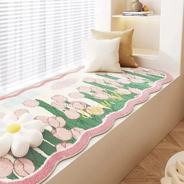 VIKAMA Cute Faux Cashmere Bedside Decorative Rug Bedroom Balcony Floral Style Cozy Carpet